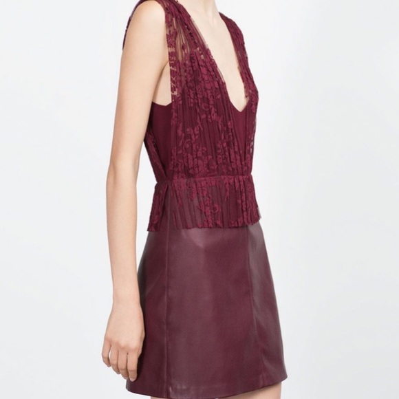 Zara Dresses & Skirts - Zara Burgundy Lace/Faux Leather Dress